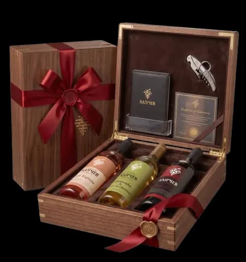 Macedonian wine gift package by Kalchev Family Winery — premium Vranec and Temjanika in handcrafted wooden box